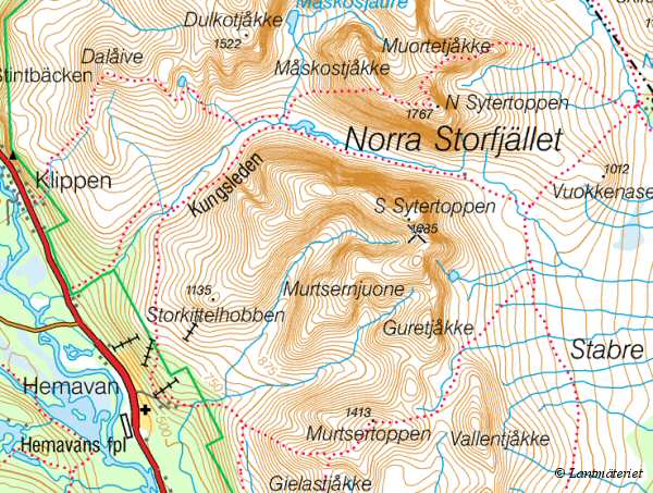 Karta ver Norra Storfjllet med omgivningar