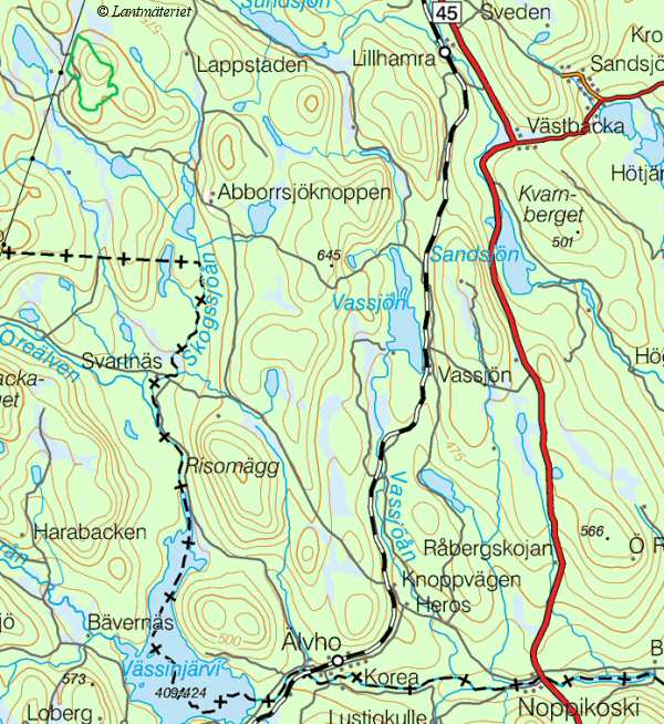 Topografisk bilkarta ver St Korpimki med omgivningar, fr resande sderifrn.